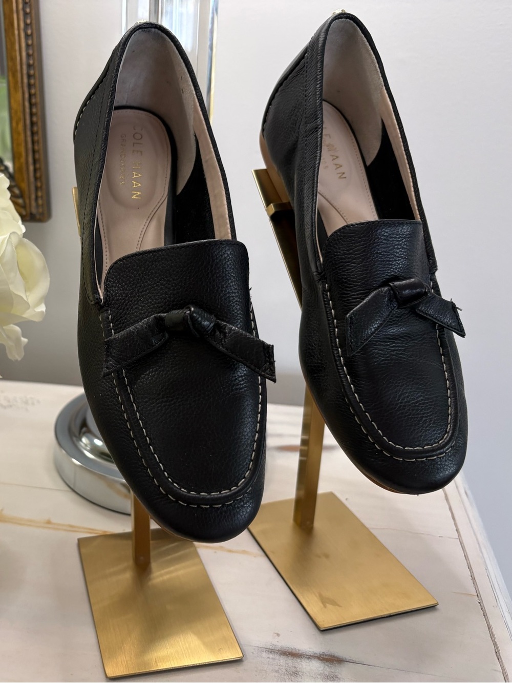 Cole Haan Black Leather Bow-Accent Loafers